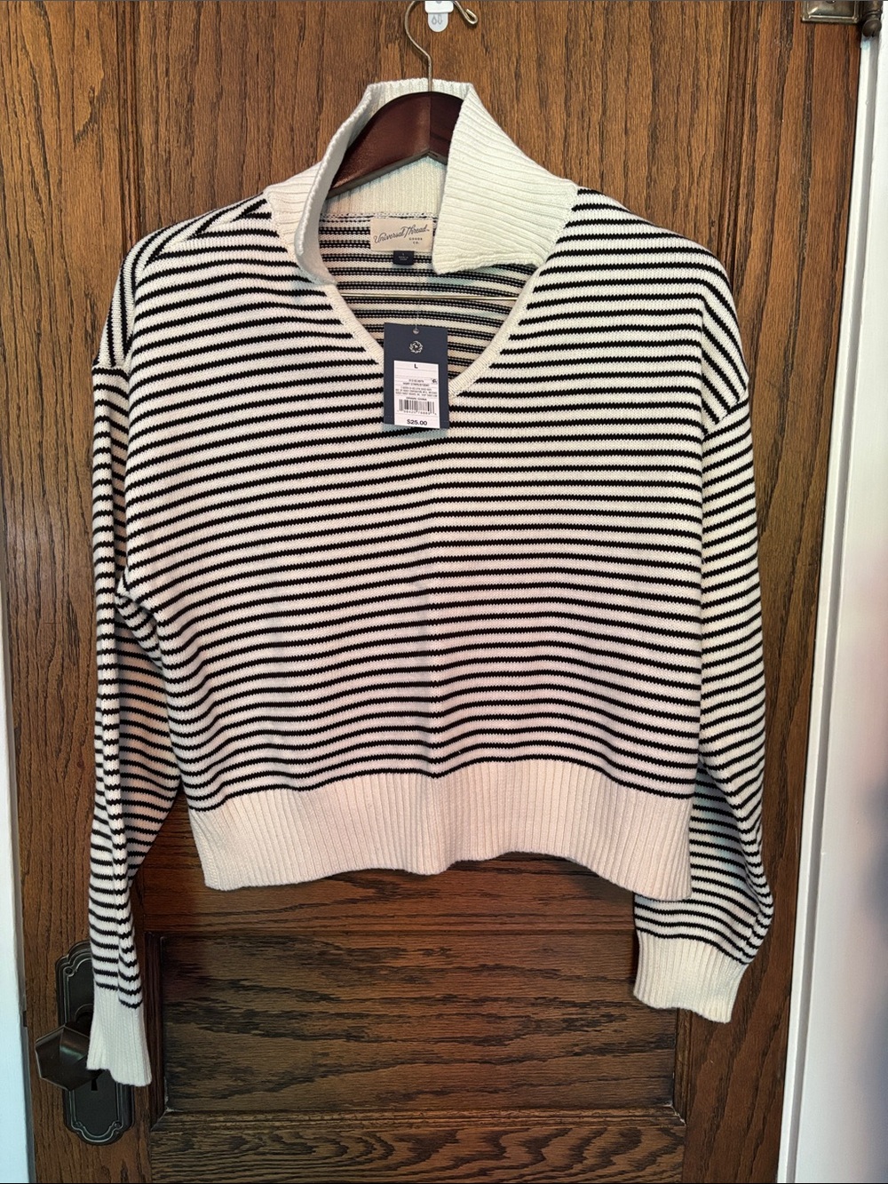 Universal Thread Black & White Striped V-Neck Collared Sweater